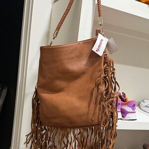 Olivia Miller Tan Braided Strap Fringe Shoulder Bag